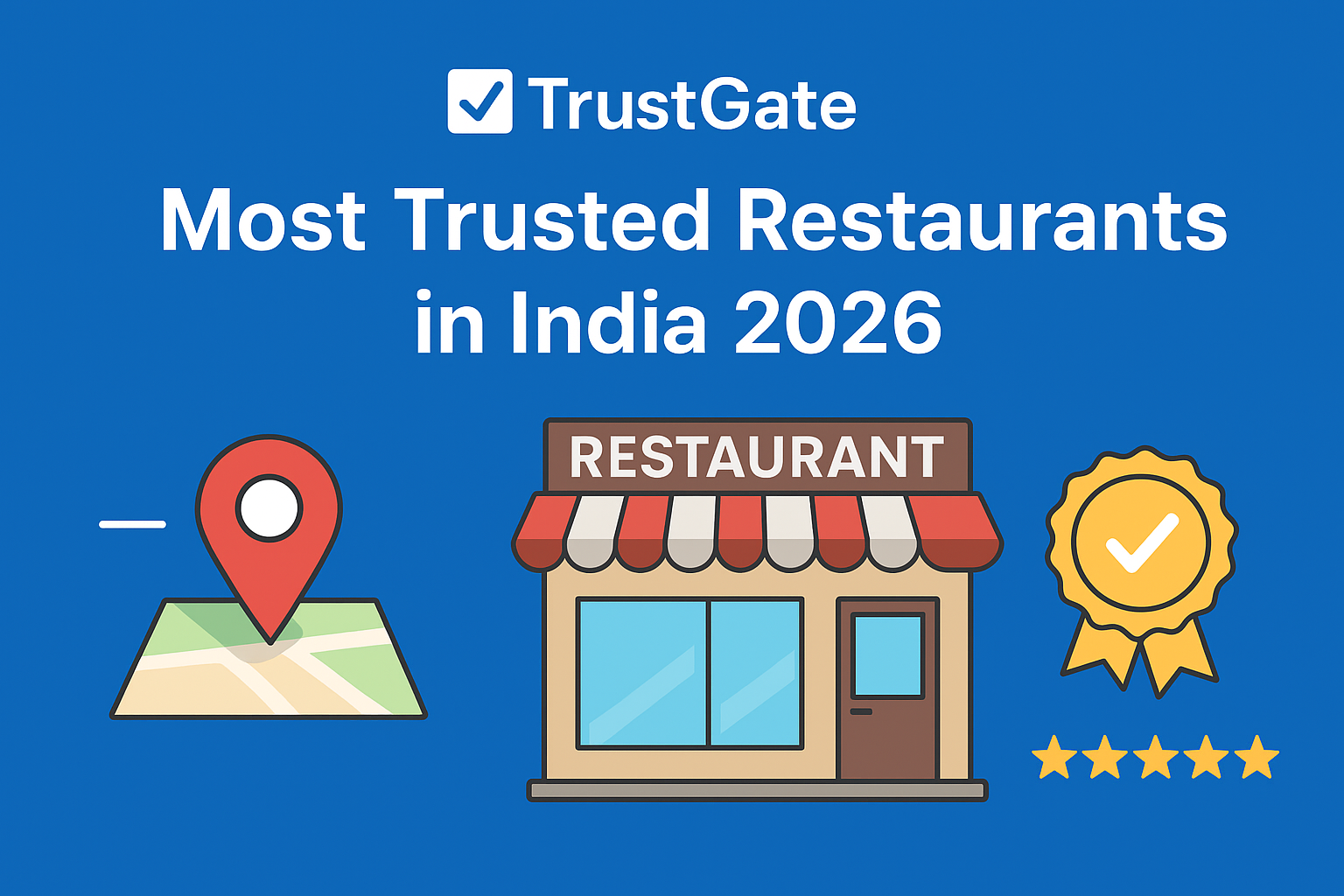 Digital graphic for TrustGate titled “Most Trusted Restaurants in India 2026,” featuring a restaurant icon, map location pin, certification badge, and five-star rating on a blue background.