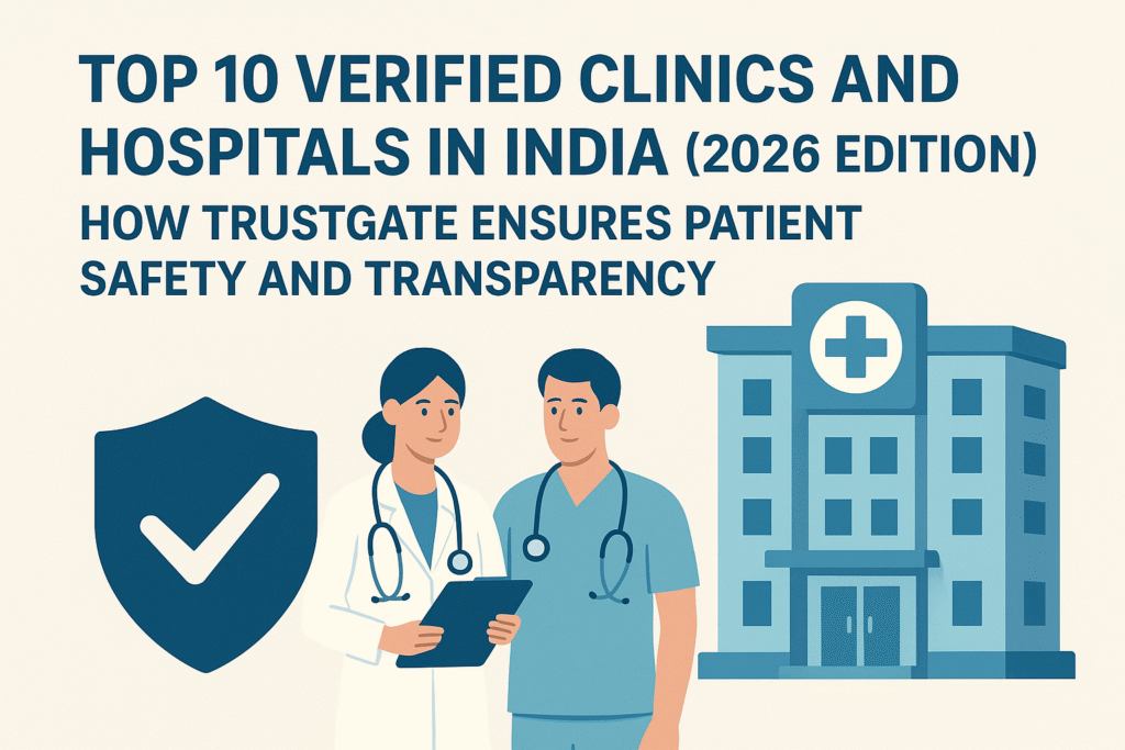 Illustration showing doctors standing beside a modern hospital building and a TrustGate shield icon, representing verified clinics and hospitals in India (2026 Edition) ensuring patient safety and transparency.