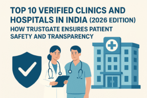 Illustration showing doctors standing beside a modern hospital building and a TrustGate shield icon, representing verified clinics and hospitals in India (2026 Edition) ensuring patient safety and transparency.