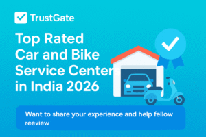 Digital graphic for TrustGate titled “Top Rated Car and Bike Service Centers in India 2026,” featuring a car inside a garage, a scooter, and a blue verified badge on a turquoise gradient background.