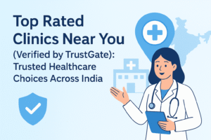 Illustration of a doctor holding a clipboard beside a hospital and map of India, with text reading ‘Top Rated Clinics Near You (Verified by TrustGate): Trusted Healthcare Choices Across India.