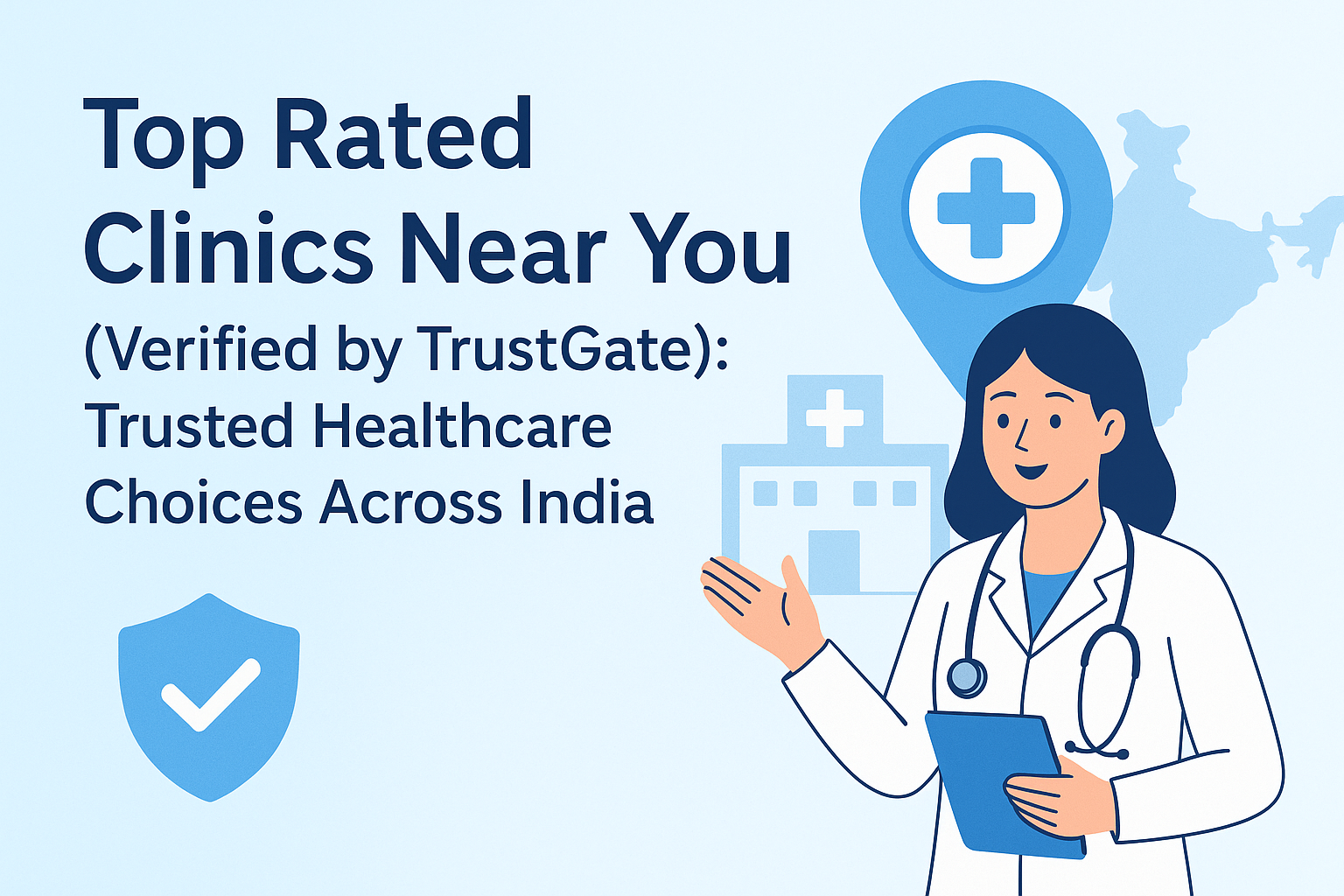 Illustration of a doctor holding a clipboard beside a hospital and map of India, with text reading ‘Top Rated Clinics Near You (Verified by TrustGate): Trusted Healthcare Choices Across India.