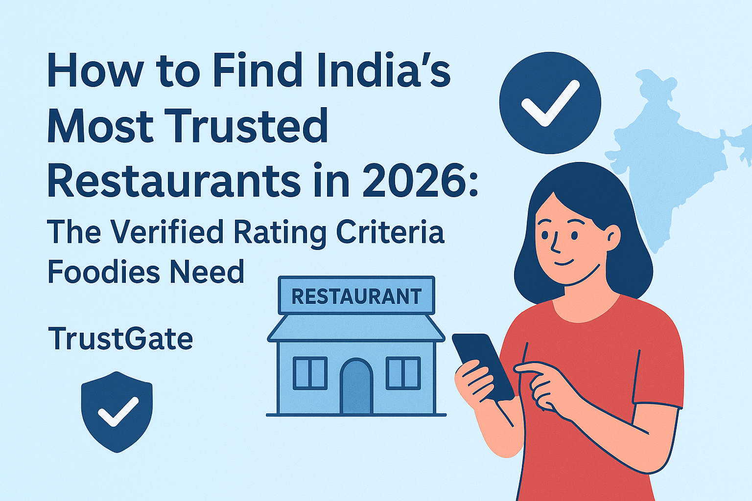 Illustration of a woman using her smartphone near a restaurant building and map of India, with text reading ‘How to Find India’s Most Trusted Restaurants in 2026: The Verified Rating Criteria Foodies Need | TrustGate.