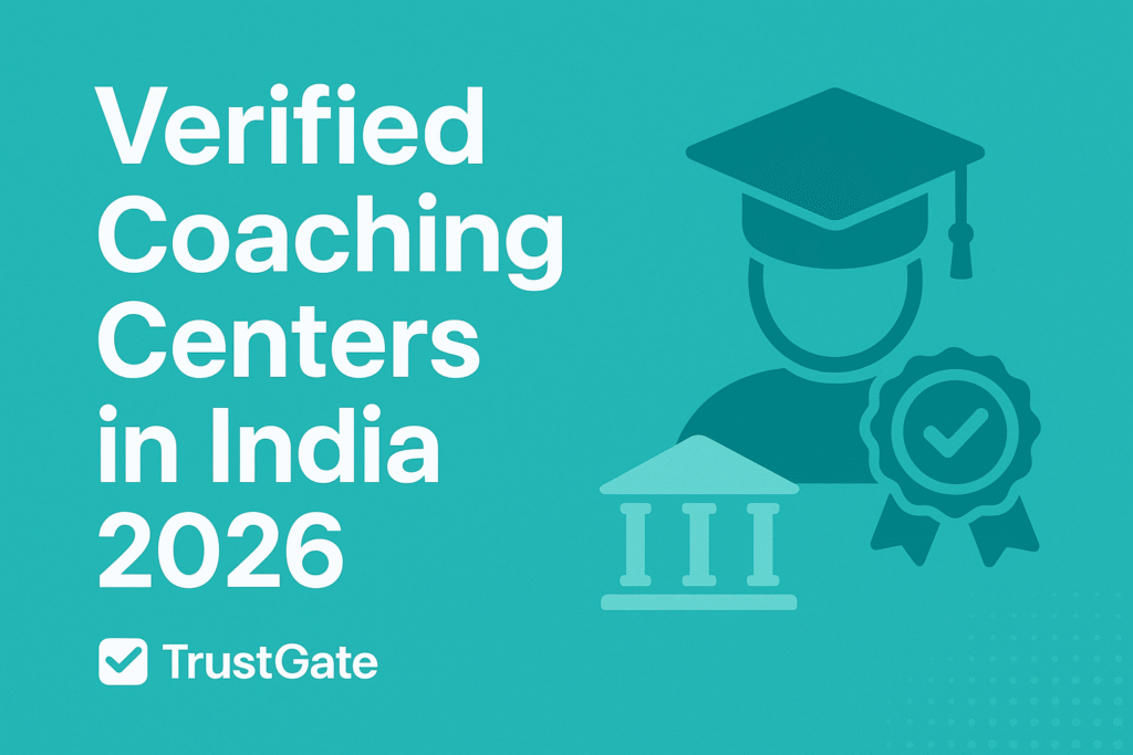 Digital banner for TrustGate titled “Verified Coaching Centers in India 2026,” featuring a graduation cap, a verified badge, and an academic building icon on a teal background.