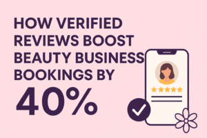 Digital illustration showing “How Verified Reviews Boost Beauty Business Bookings by 40%” with visuals of a beauty salon, verified customer reviews, and rising booking charts, designed for TrustGate.