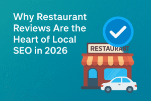 Digital banner for TrustGate titled “Why Restaurant Reviews Are the Heart of Local SEO in 2026,” featuring a restaurant icon, star ratings, a location pin, and SEO analytics graphics on a gradient blue background.
