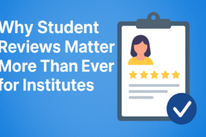 Digital illustration showing students leaving positive reviews and star ratings for educational institutes on laptops and smartphones, symbolizing the impact of student feedback on enrollment and trust.