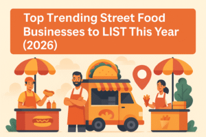 Illustrated featured image showing street food vendors, including a hot dog cart, a taco food truck, and a fries stall under colorful umbrellas, with the title 'Top Trending Street Food Businesses to LIST This Year (2026)' displayed in a bright orange banner.