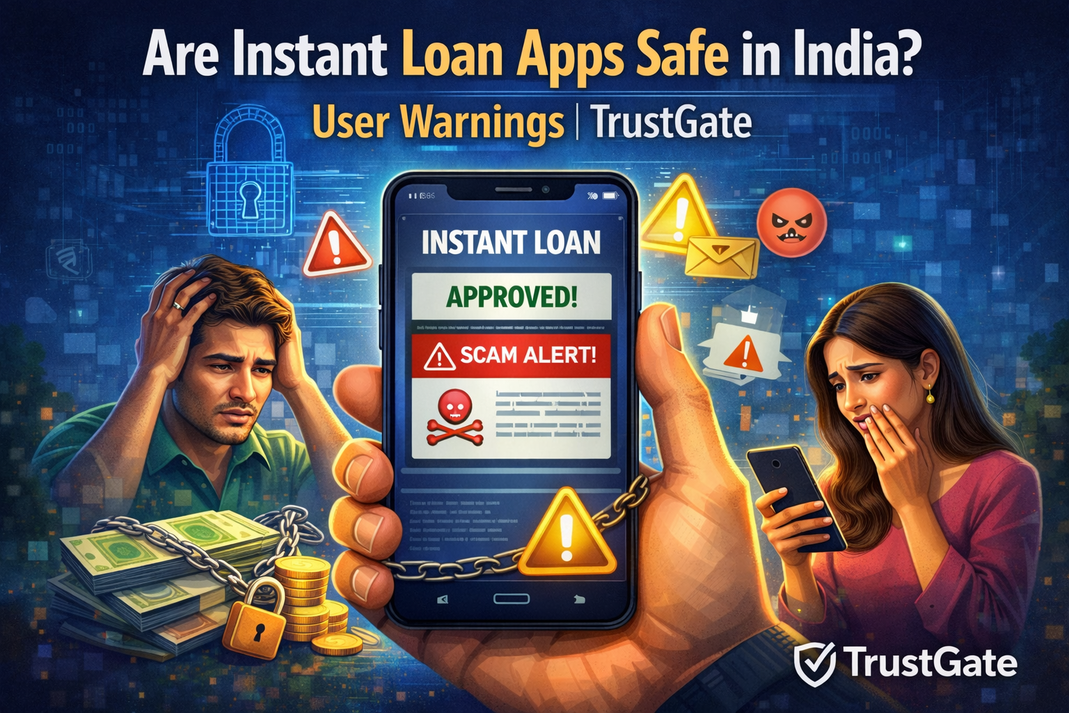 Warning illustration showing risks of instant loan apps in India with scam alerts, user concerns, and security warnings by TrustGate