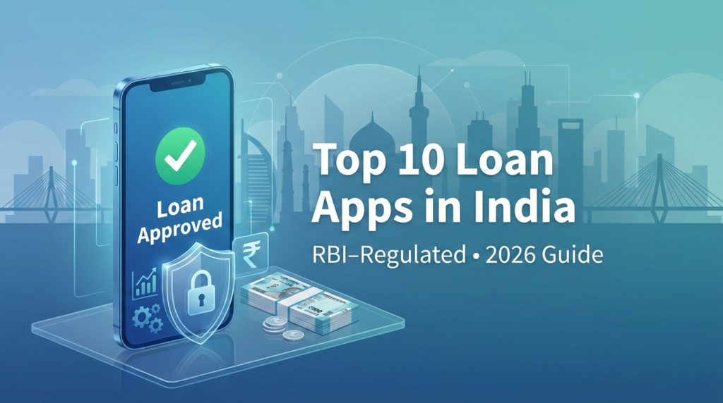 Top 10 RBI-regulated loan apps in India showing a secure mobile lending illustration for 2026