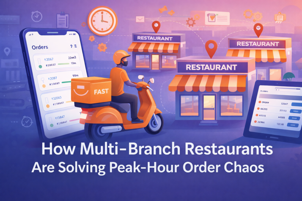Illustration showing multi-branch restaurants managing peak-hour orders efficiently with delivery scooters, digital order tracking screens, and connected restaurant locations, highlighting streamlined food delivery operations in 2026.
