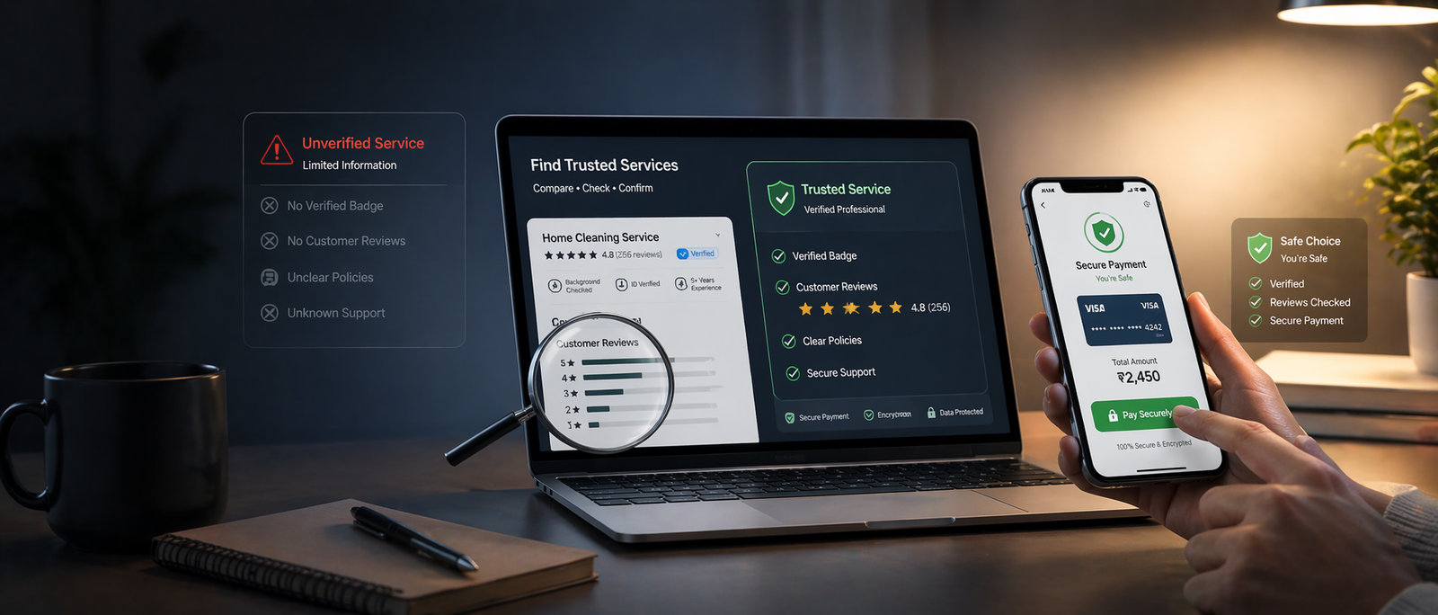 Checking if a service provider is legitimate before payment using reviews, verification badges, and secure payment indicators