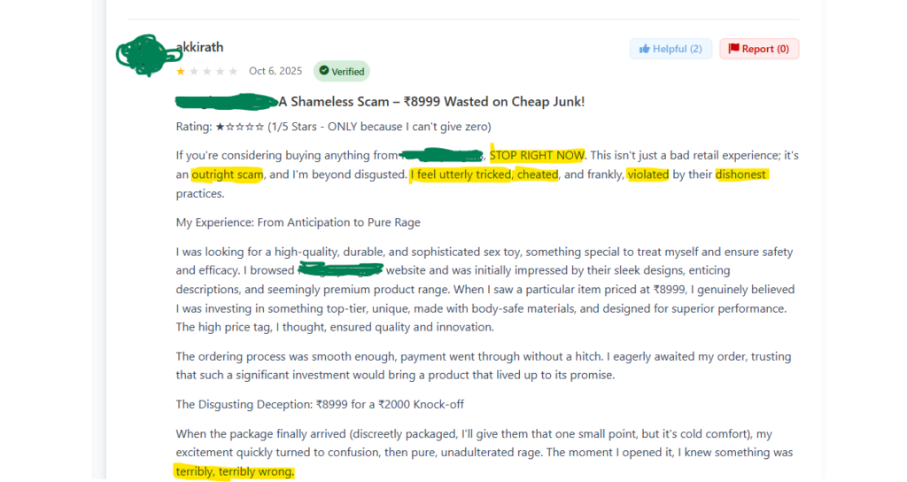 Screenshot of a 1-star review on an Indian review platform, where a verified user reports being cheated for ₹8999. The review describes receiving a cheap ₹2000 knock-off instead of a premium product, using words like 'outright scam' and 'cheated'.