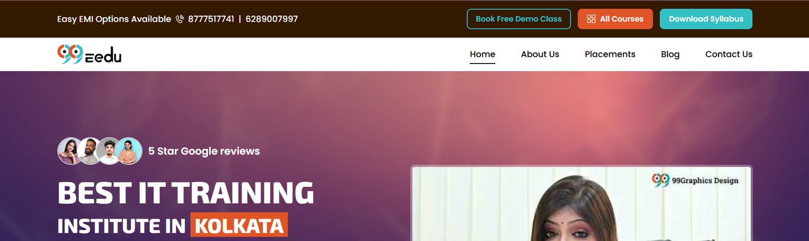 99eedu Institute Kolkata homepage banner showcasing IT training courses, student reviews, and institute branding