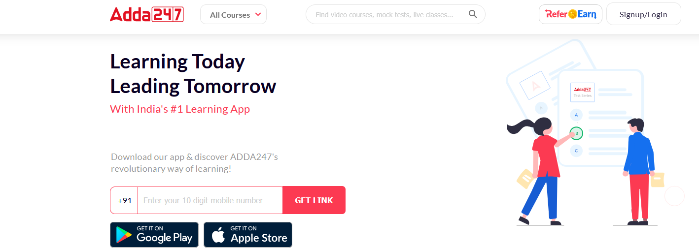 Adda247 website showing video courses, mock tests, and live classes for competitive exam aspirants in India