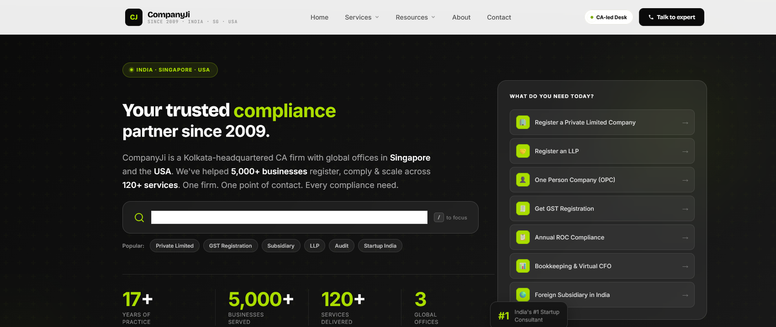 CompanyJi homepage showing business registration and compliance services for Indian startups and SMEs