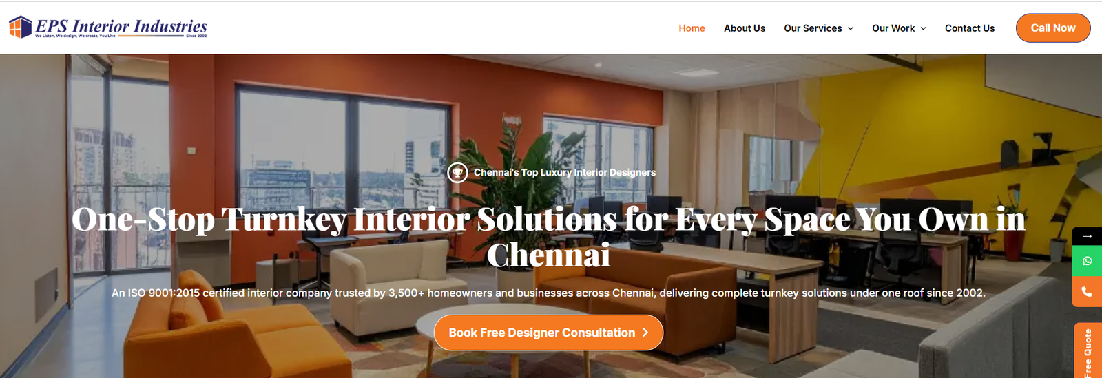 EPS Interior Industries banner showing modern office interior design with the tagline One-Stop Turnkey Interior Solutions for Chennai homeowners and businesses since 2002