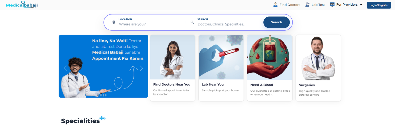 Medical Babaji homepage banner showing doctor appointment booking, lab test services, blood availability, and surgical center listings across India