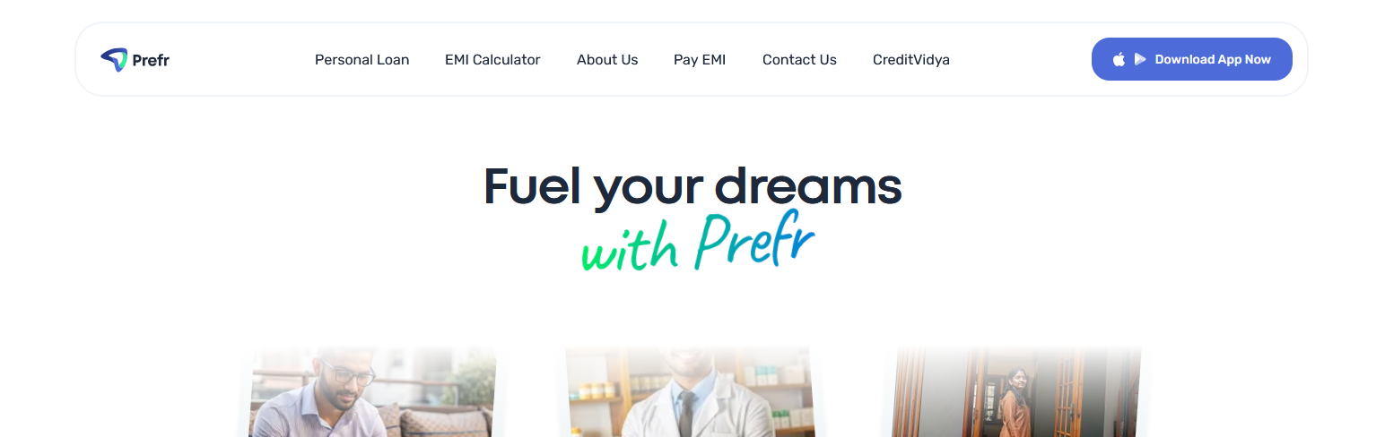Prefr homepage banner showing personal loan services for salaried professionals, doctors, and homemakers in India