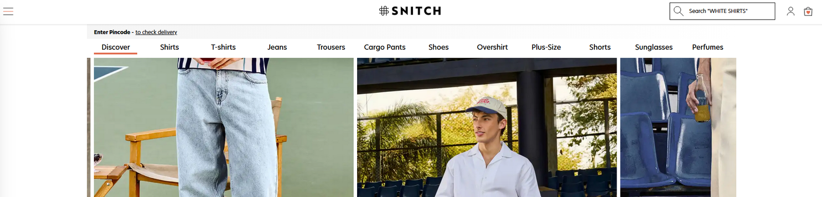 Snitch website banner showing men's clothing categories including shirts, jeans, cargo pants, and overshirts with lifestyle model photography