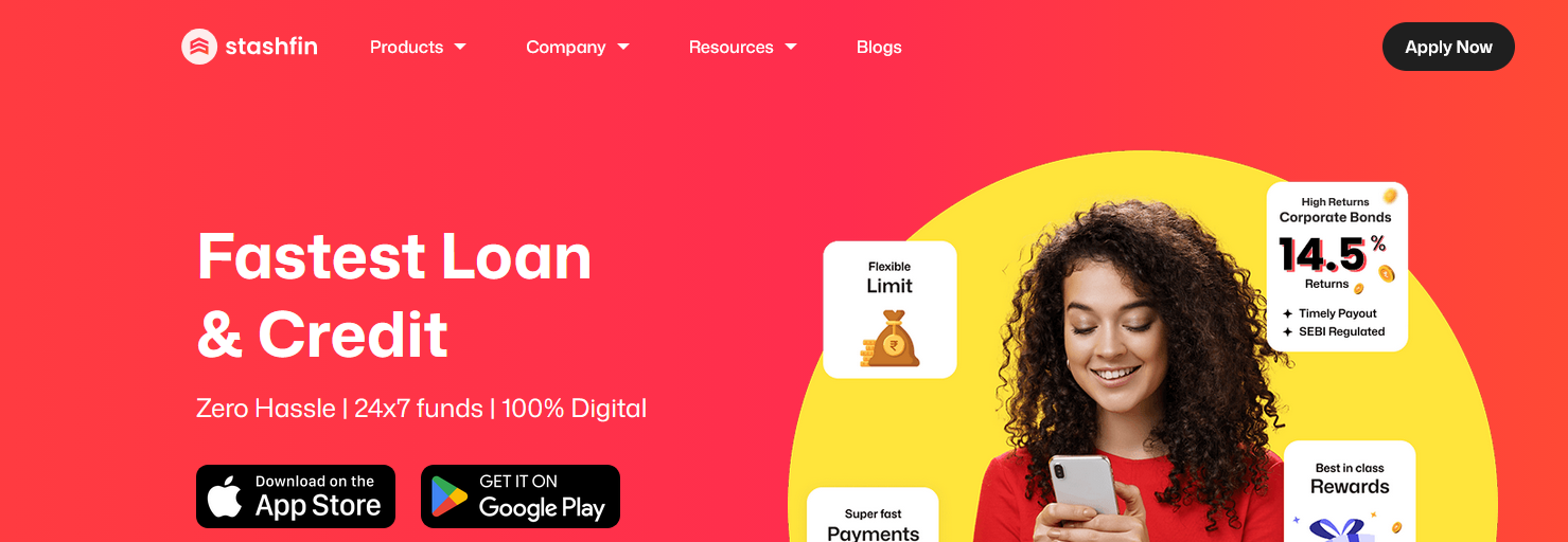 Stashfin homepage banner showing fastest loan and credit services with flexible limit and 24x7 digital funds access