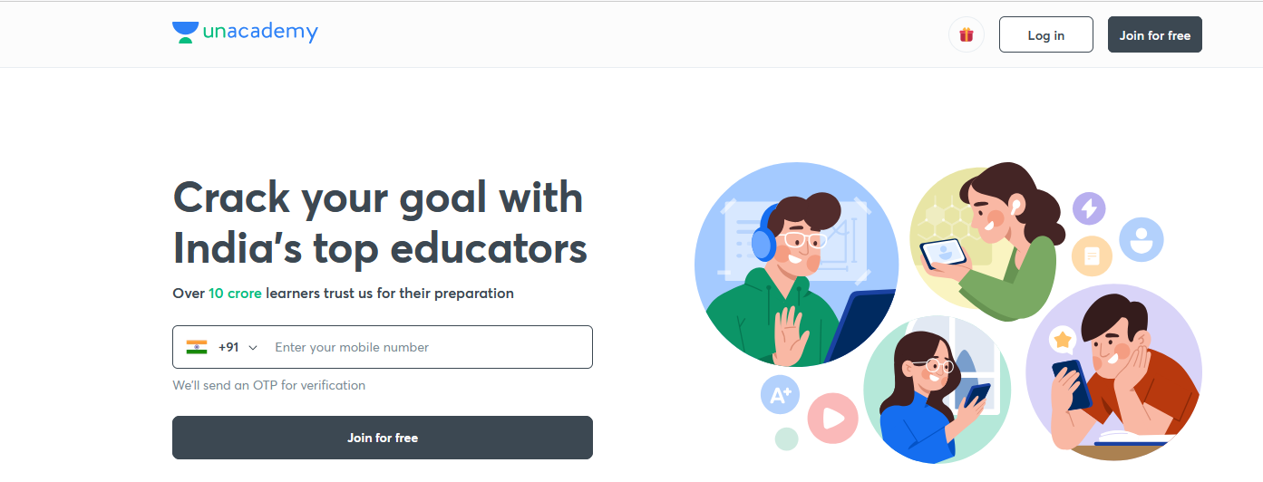 Unacademy homepage banner showing online learning platform with India's top educators for competitive exam preparation trusted by over 10 crore learners