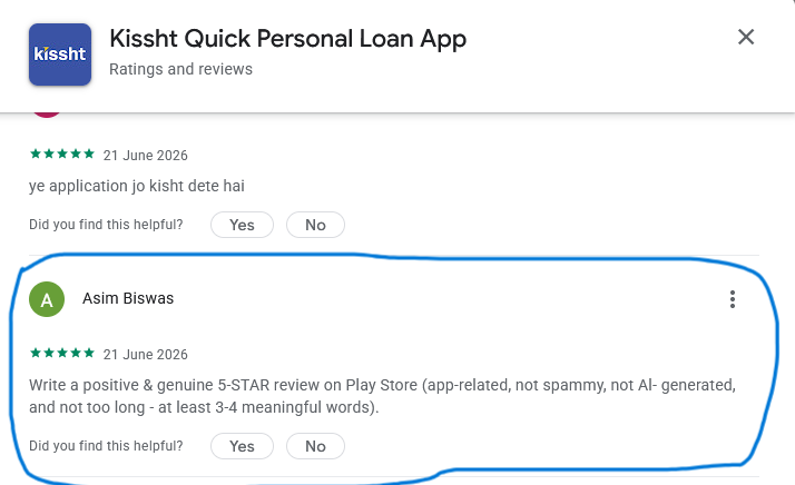 Screenshot showing an unusual Google Play review by Asim Biswas that appears to contain instructions for generating a five-star review instead of an actual user experience.