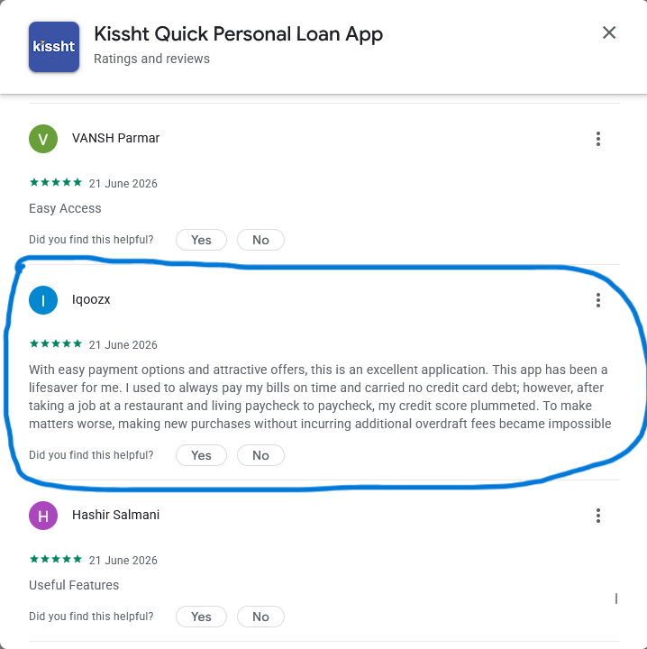 Screenshot of a Google Play review for Kissht Quick Personal Loan App by Iqoozx showing a generic, repetitive review that appears copied and reused across multiple accounts.