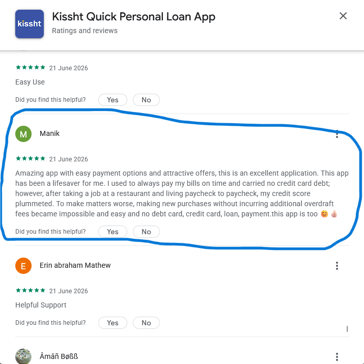 Google Play review by Manik for Kissht Quick Personal Loan App containing repetitive phrases and excessive keywords such as loan, credit card, and payment.