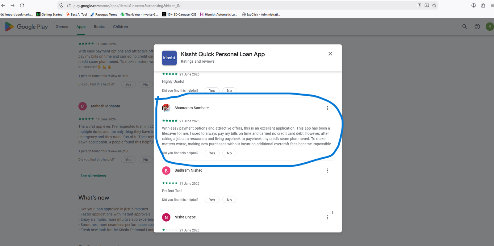 Google Play review by Shantaram Sambare for Kissht Quick Personal Loan App featuring text repeated across multiple user accounts.