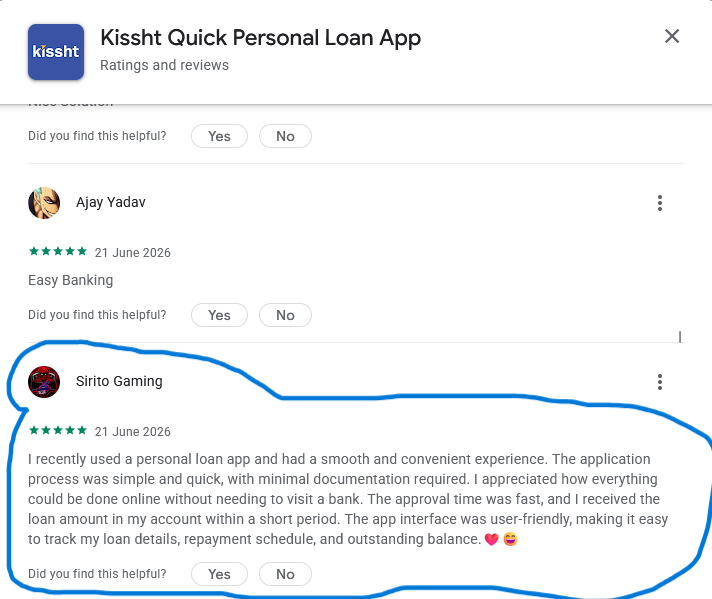 Google Play review by Sirito Gaming for Kissht Quick Personal Loan App containing generic praise and broad claims without specific details about the service.