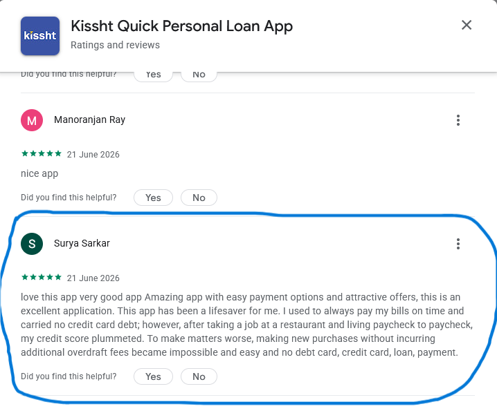 Google Play review screenshot by Surya Sarkar for Kissht Quick Personal Loan App using nearly identical wording to multiple other five-star reviews.