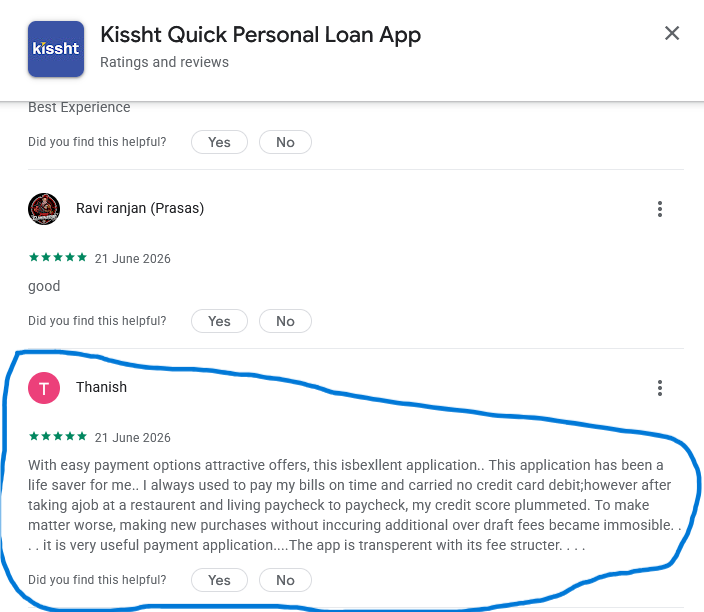 Screenshot of a five-star Kissht Quick Personal Loan App review by Thanish containing awkward wording and text similar to other suspicious reviews.