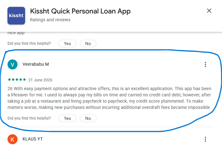 Screenshot of Veerababu M's review for Kissht Quick Personal Loan App showing repetitive text that closely matches several other reviews on Google Play.