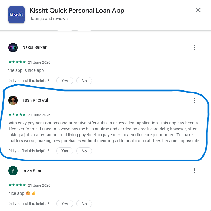 Screenshot showing Yash Kherwal's five-star review for Kissht Quick Personal Loan App using the same wording found in other reviews on Google Play.