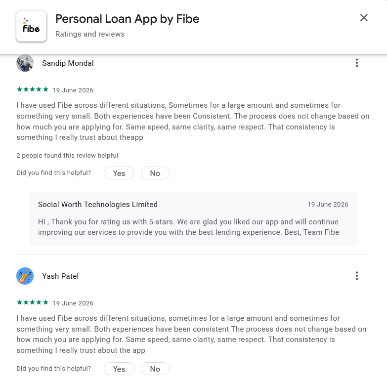Screenshot showing Google Play reviews for the Fibe Personal Loan App by Sandip Mondal and Yash Patel using closely matching review content.