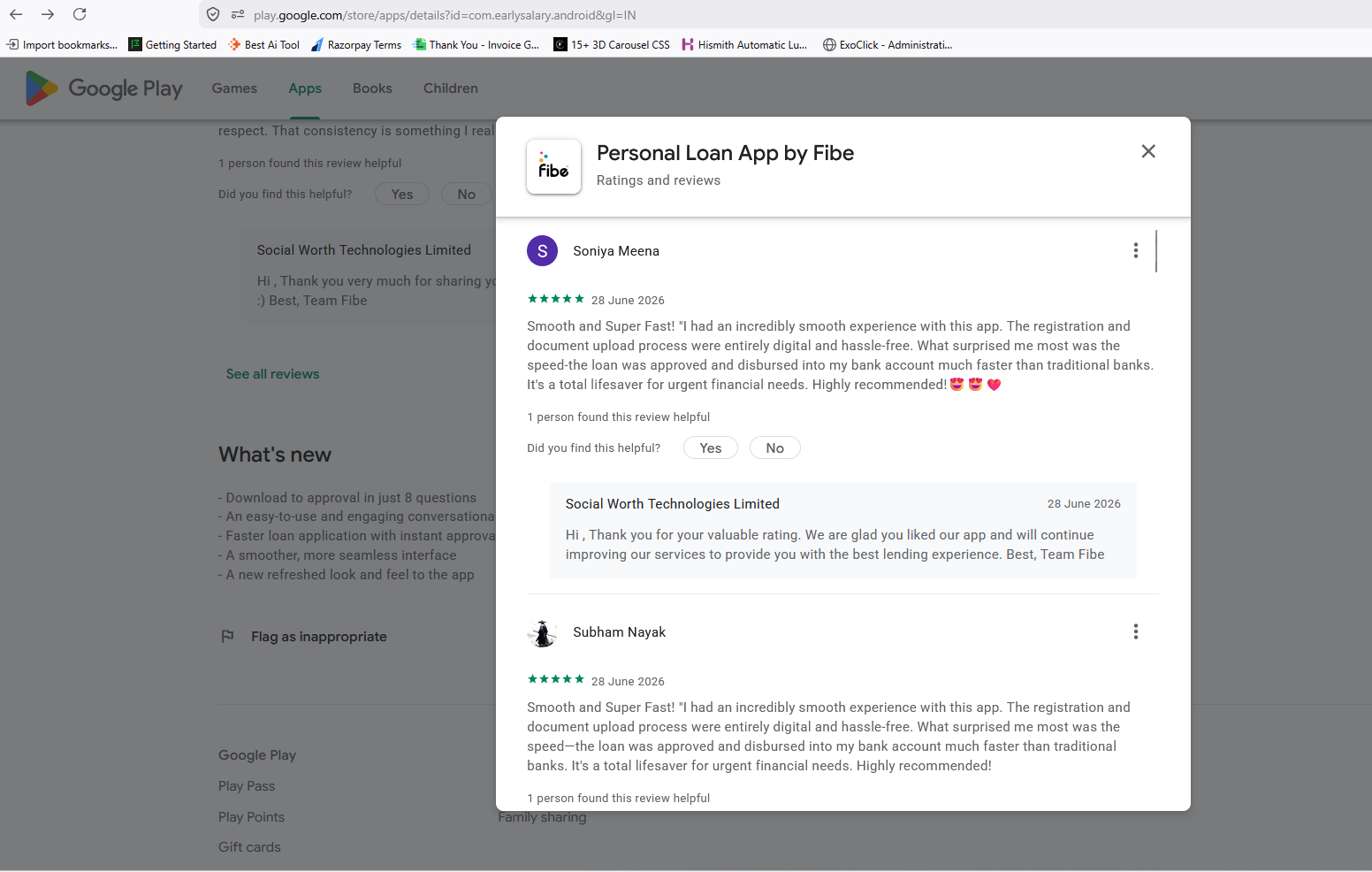 Screenshot showing Google Play reviews for the Fibe Personal Loan App by Soniya Meena and Subham Nayak featuring similar promotional five-star review language.