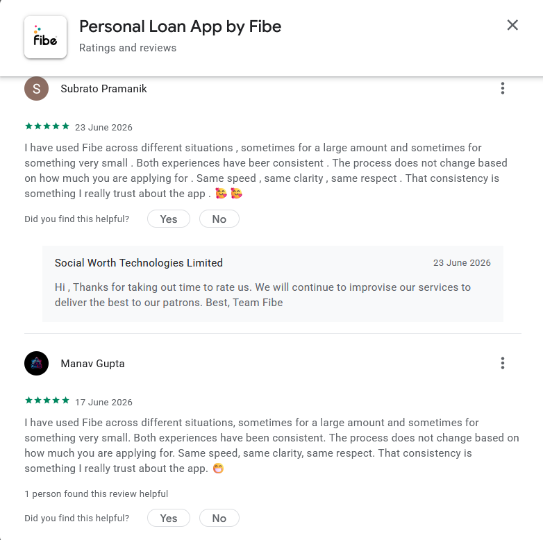 Screenshot showing Google Play reviews for the Fibe Personal Loan App by Subrato Pramanik and Manav Gupta with nearly identical five-star review wording.