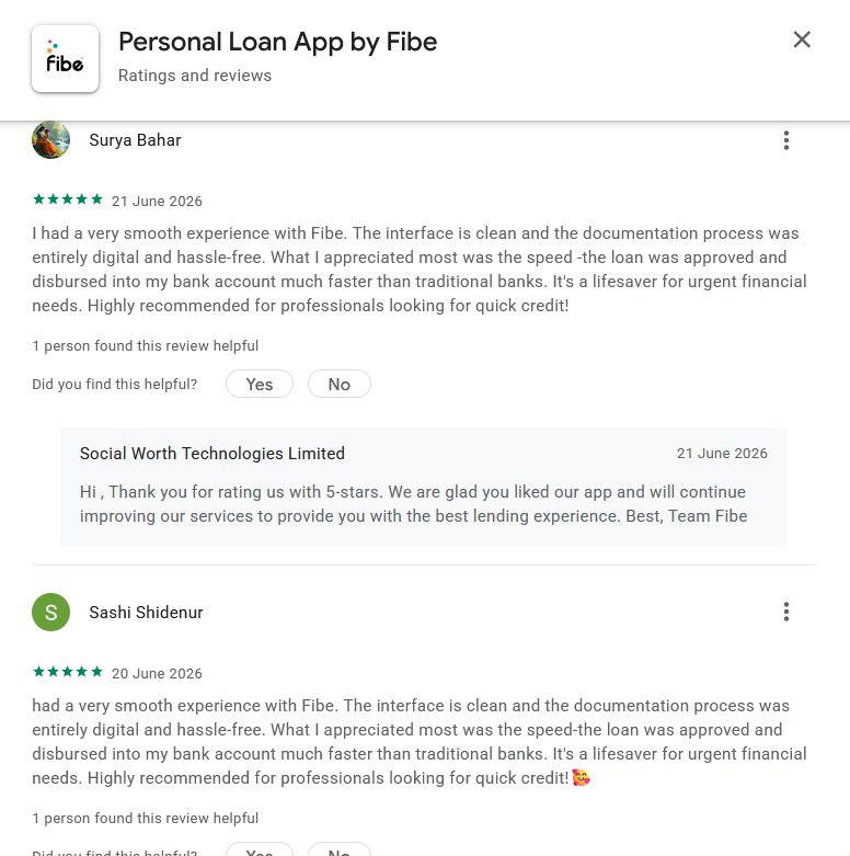 Screenshot showing Google Play reviews for the Fibe Personal Loan App by Surya Bahar and Sashi Shidenur containing very similar positive review text.