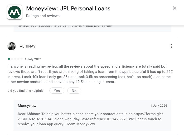 Screenshot of a one-star Google Play review for the Moneyview app by ABHINAV alleging that many positive reviews are paid and warning users before downloading the app.