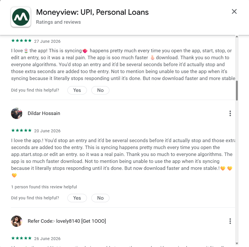 Screenshot showing Google Play reviews for the Moneyview app by Dildar Hossain and the profile Refer Code: lovely8140 [Get 1000] containing closely matching review wording.