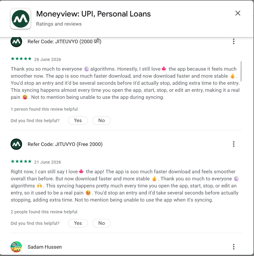 Screenshot showing two Google Play reviews for the Moneyview app posted by referral-code profiles using highly similar five-star review text.
