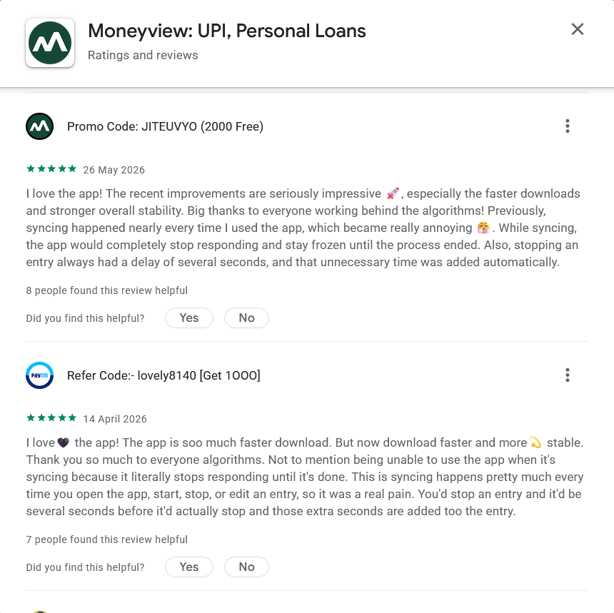 Screenshot showing Google Play reviews for the Moneyview app by referral-code profiles with nearly identical positive review content.