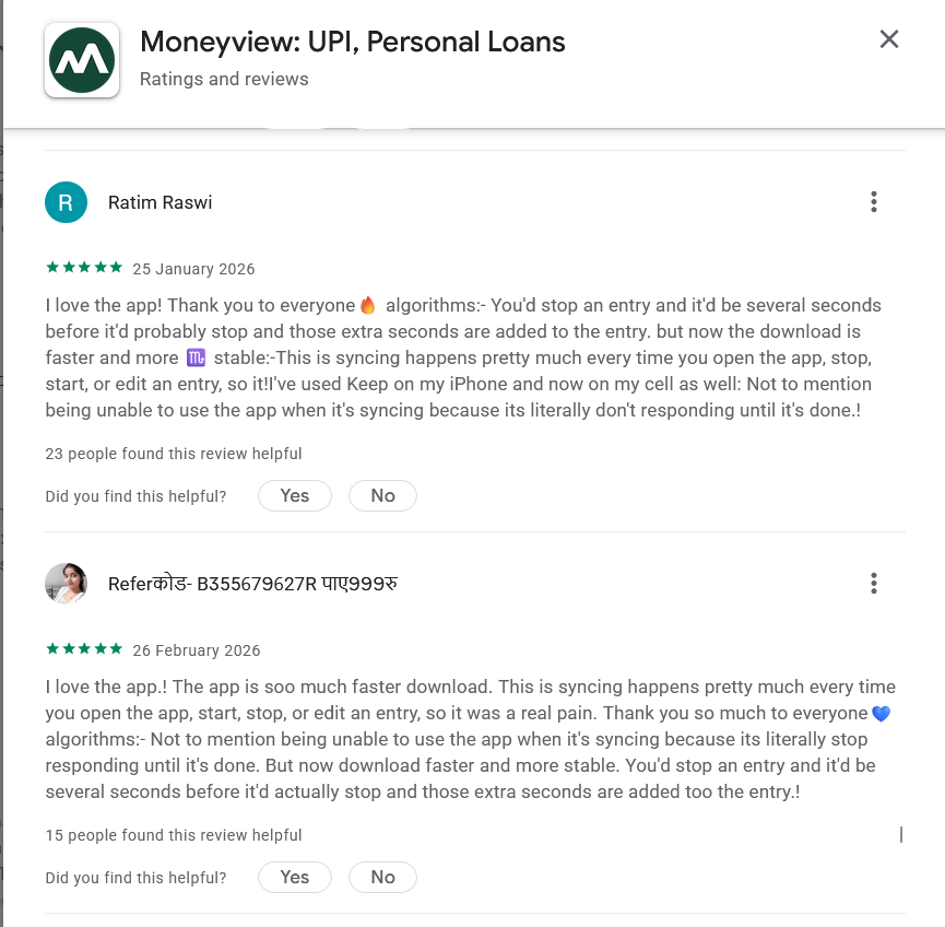 Screenshot showing Google Play reviews for the Moneyview app by Ratim Raswi and a referral-code profile using very similar five-star review text.
