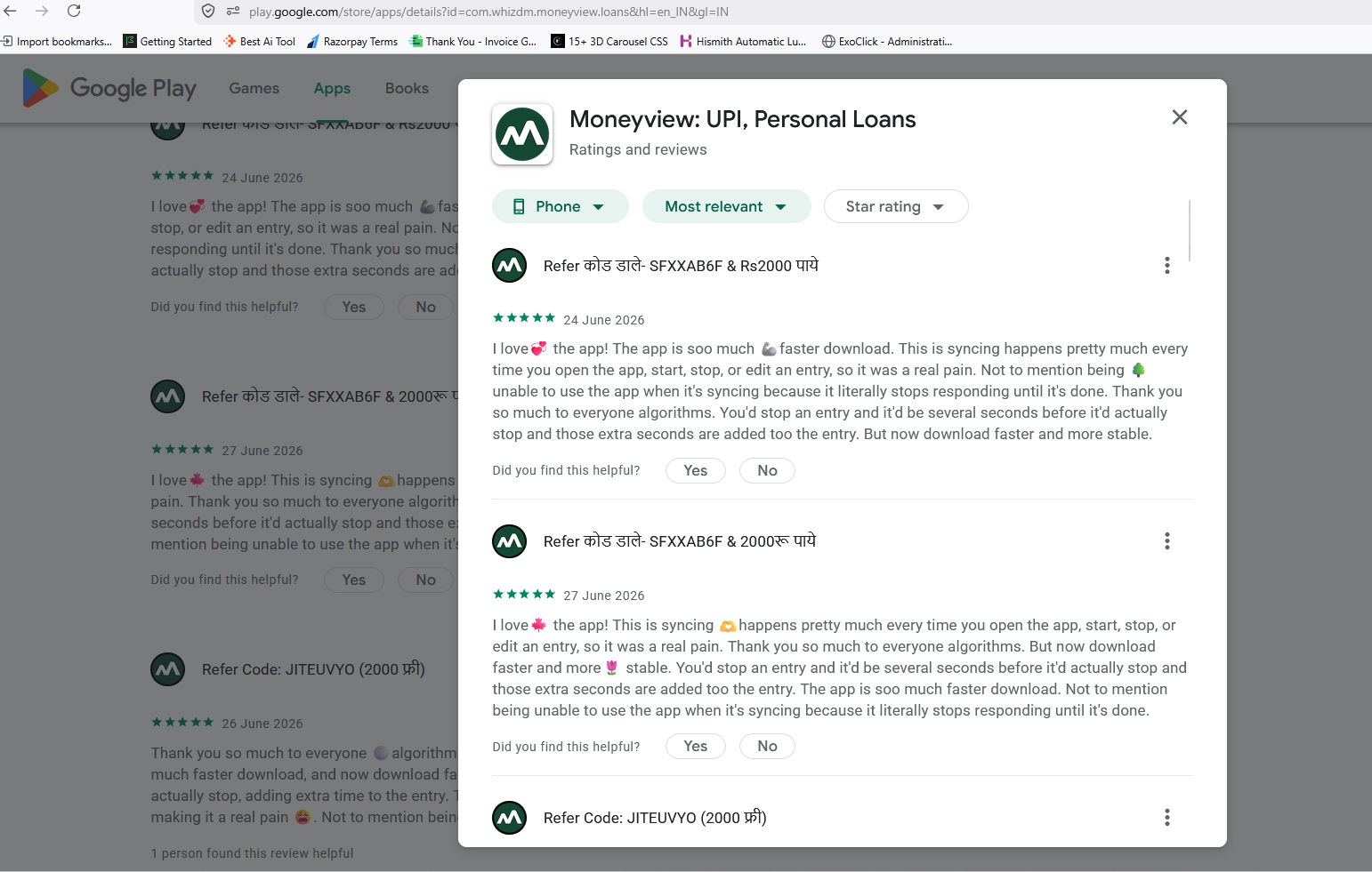 Screenshot showing multiple Google Play reviews for the Moneyview app from referral-code profiles with nearly identical five-star review wording.