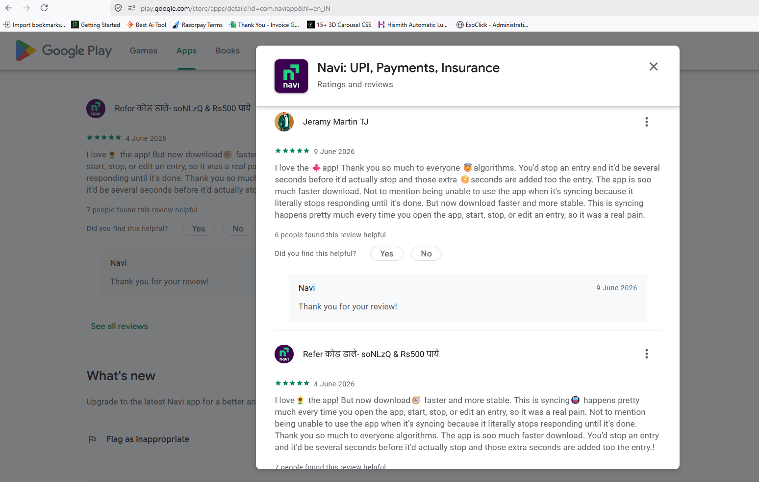 Screenshot comparing Google Play reviews for Navi by Jeramy Martin TJ and the referral-code profile soNLzQ & Rs500 पाये, showing highly similar positive review wording and repeated phrases.