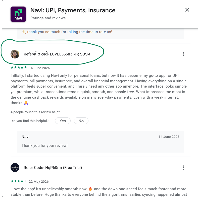 Screenshot showing Navi Google Play reviews by referral-code profiles with similar promotional language and repeated review patterns.