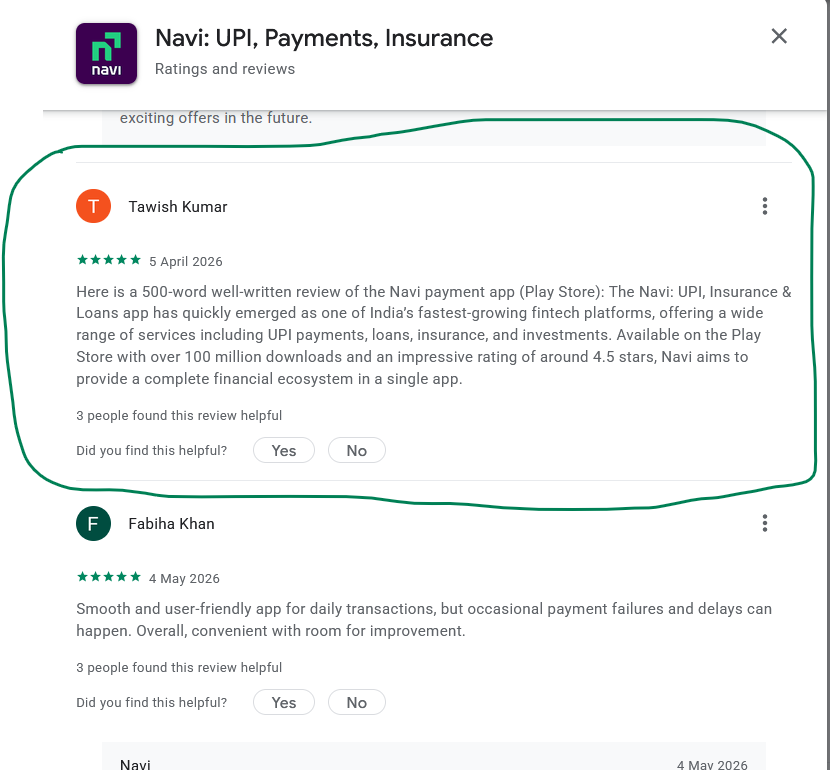 Screenshot of a Navi Google Play review by Tawish Kumar that appears to contain an AI-style review prompt (Here is a 500-word well-written review...), shown alongside another user review for comparison.