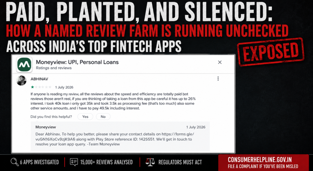 Featured image for the investigation "Paid, Planted, and Silenced: How a Named Review Farm Is Running Unchecked Across India's Top Fintech Apps", showing ABHINAV's Google Play review warning about alleged paid reviews on the MoneyView app alongside the investigation headline.