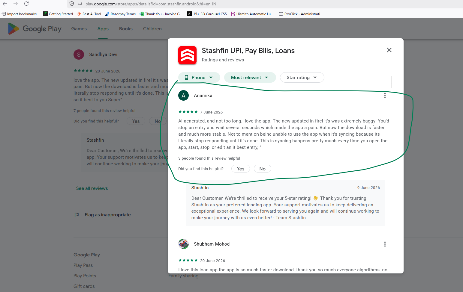 Screenshot of a Stashfin Google Play review by Anamika containing AI-generated wording and text similar to other reviews documented in the investigation.